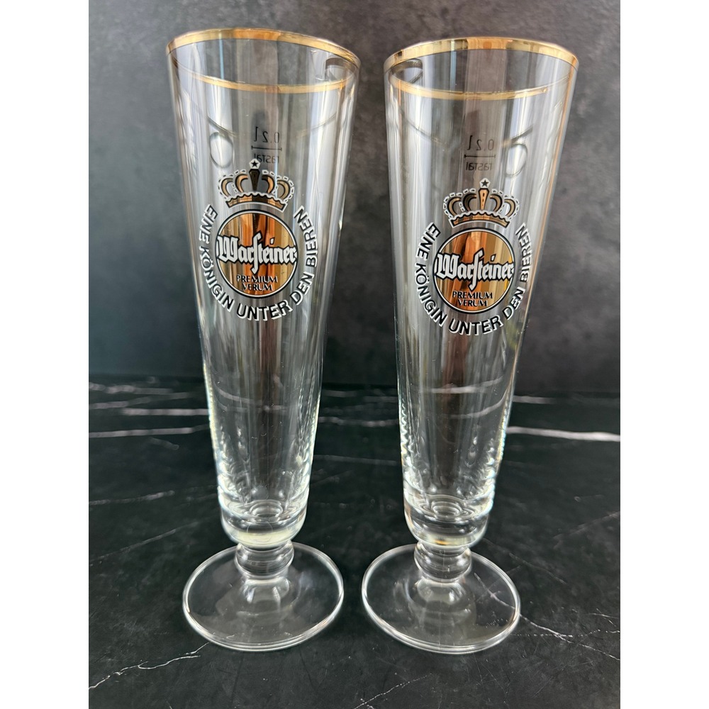VTG PAIR (2) Warsteiner Footed Pilsner Beer Glasses 8in Tall Gilded